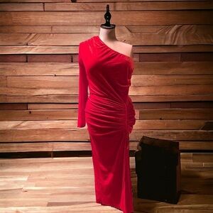 NWT Large red one sleeve long velvet dress. Pretty Garden